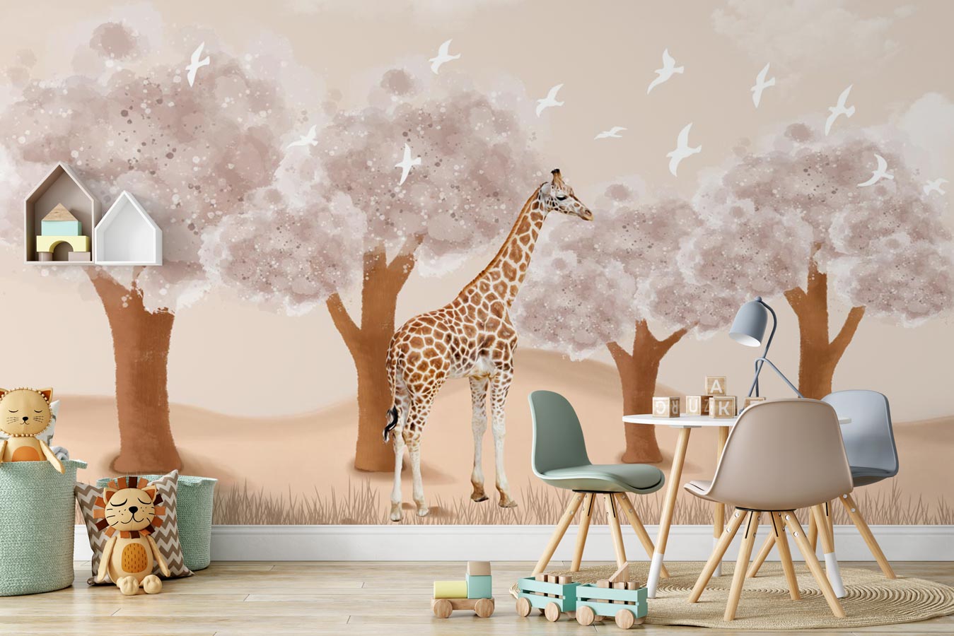 Papier peint chambre enfant Girafe dans la Savane - papier peint sur mesure francais - muralconcept