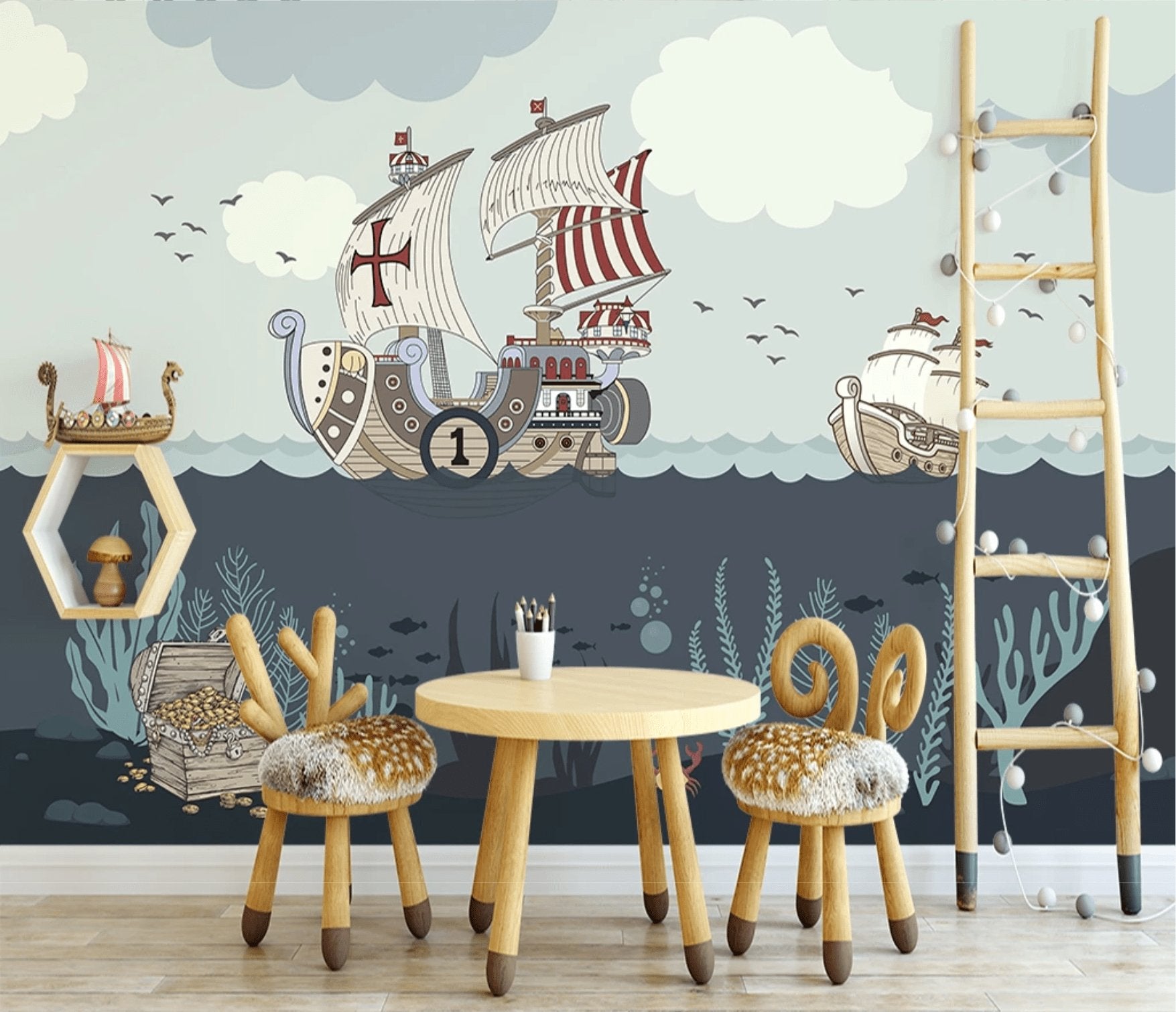 Papier peint enfant pirate bateau moussaillon mer - papier peint sur mesure francais - muralconcept