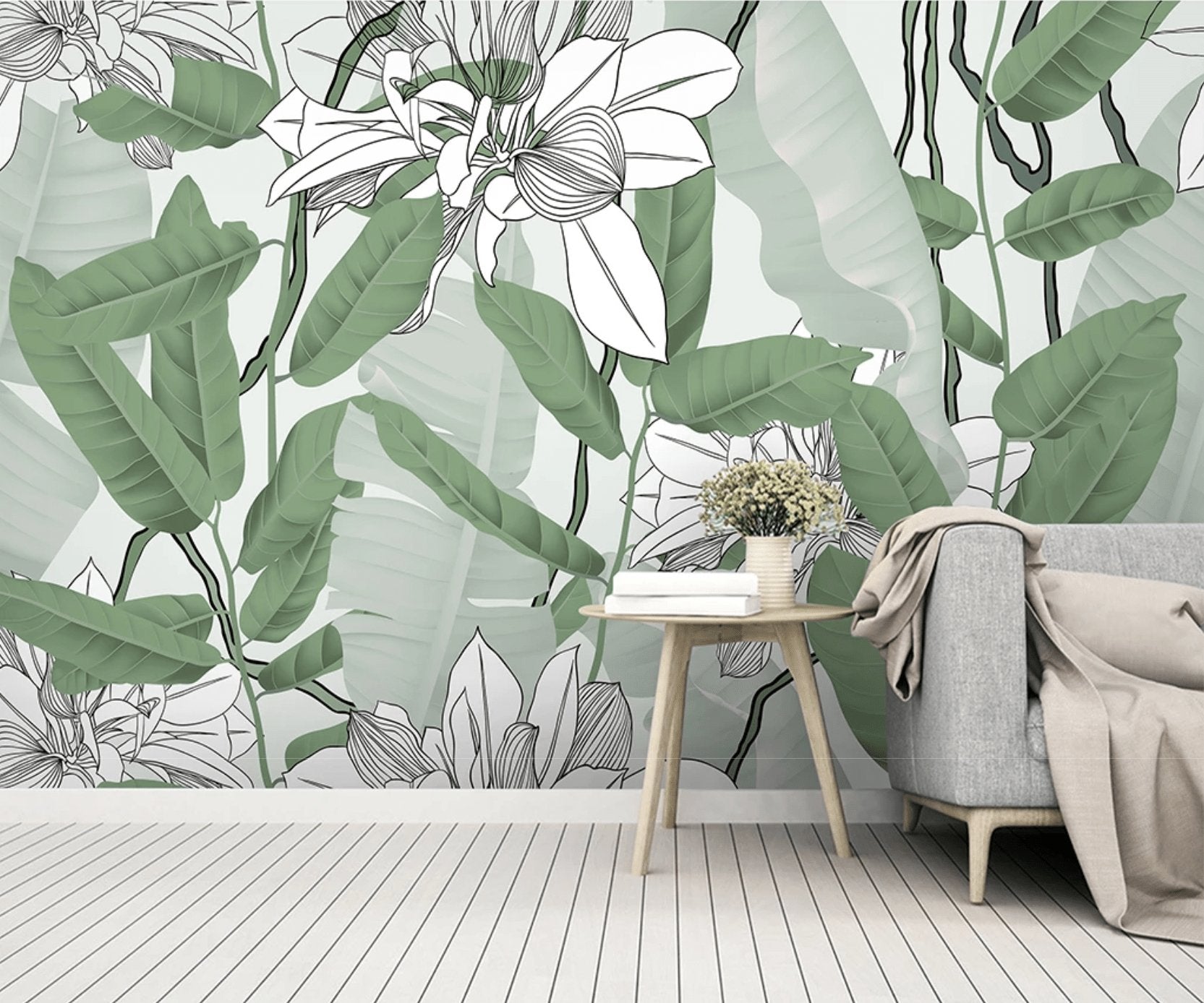 Papier peint feuillage nature vert fleur NB - papier peint sur mesure francais - muralconcept