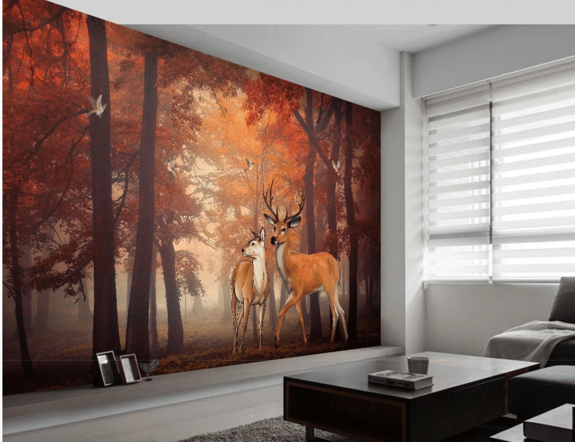 Papier peint Forêt couleur d'automne & Cerfs - papier peint sur mesure francais - muralconcept