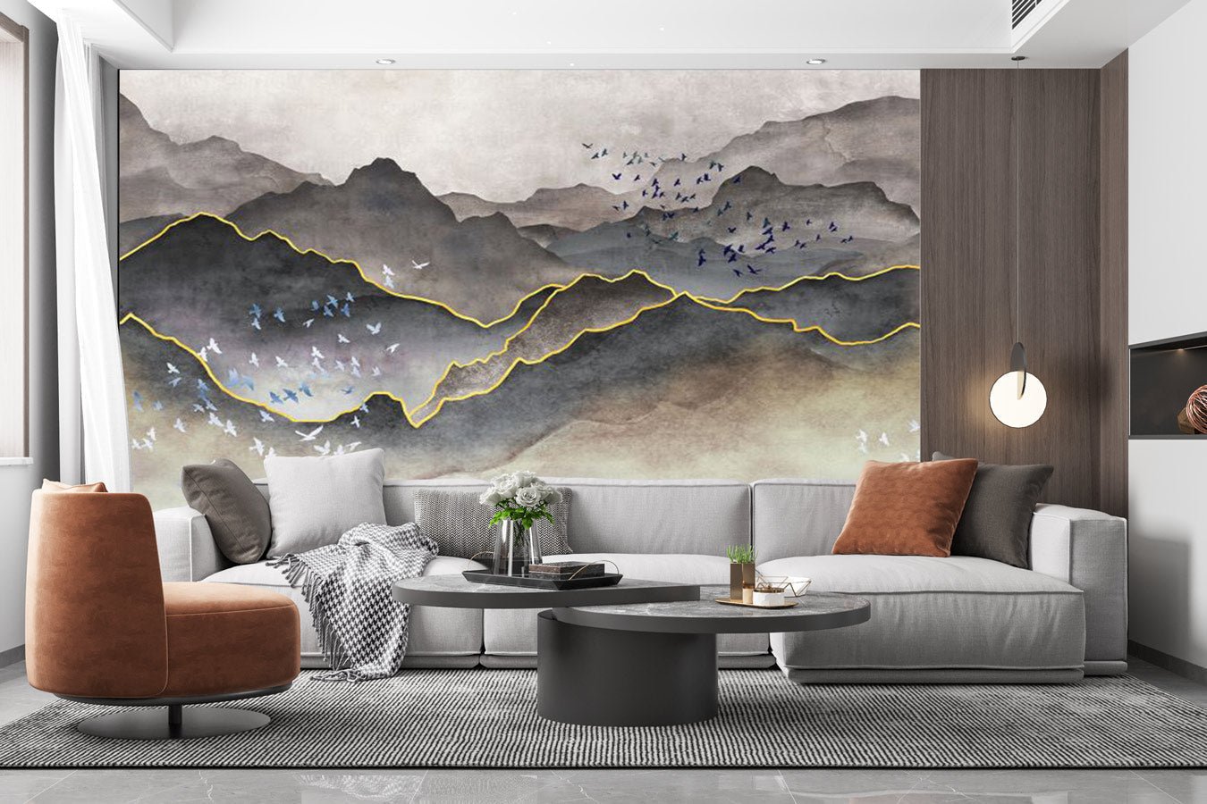 Papier peint intissé doré montagne noir et blanc brume - papier peint sur mesure francais - muralconcept