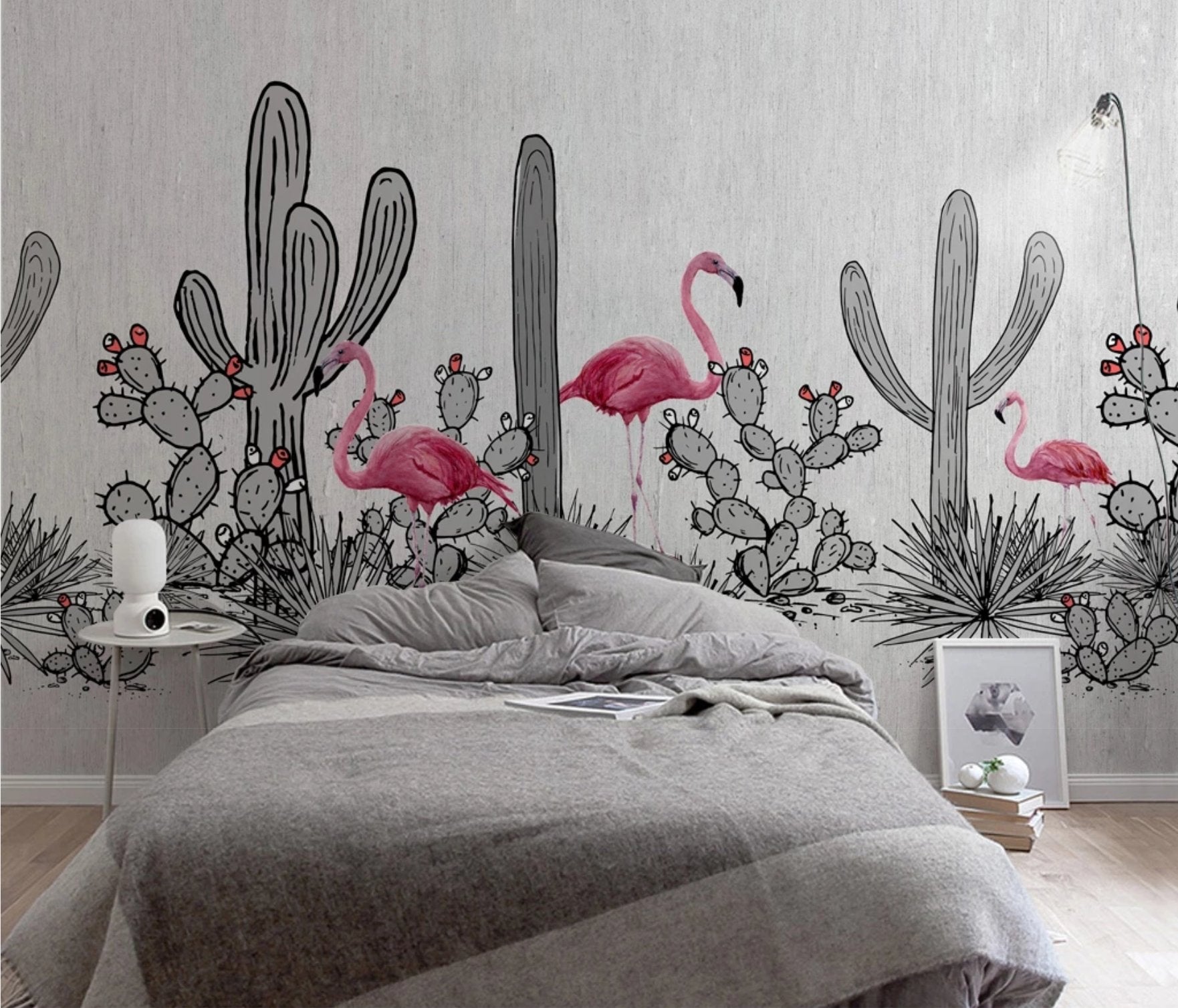 Papier peint panoramique cactus & flamant rose - papier peint sur mesure francais - muralconcept