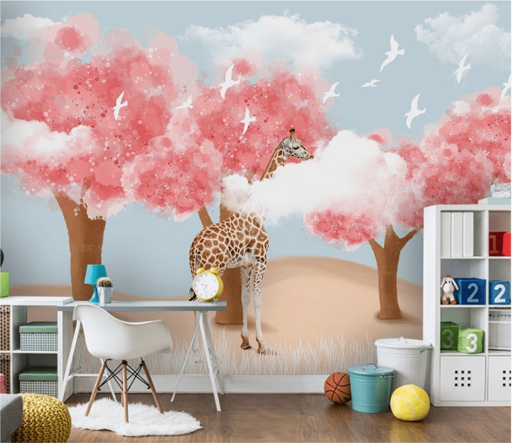 Papier peint panoramique enfant scandinave Girafe & Arbres - papier peint sur mesure francais - muralconcept