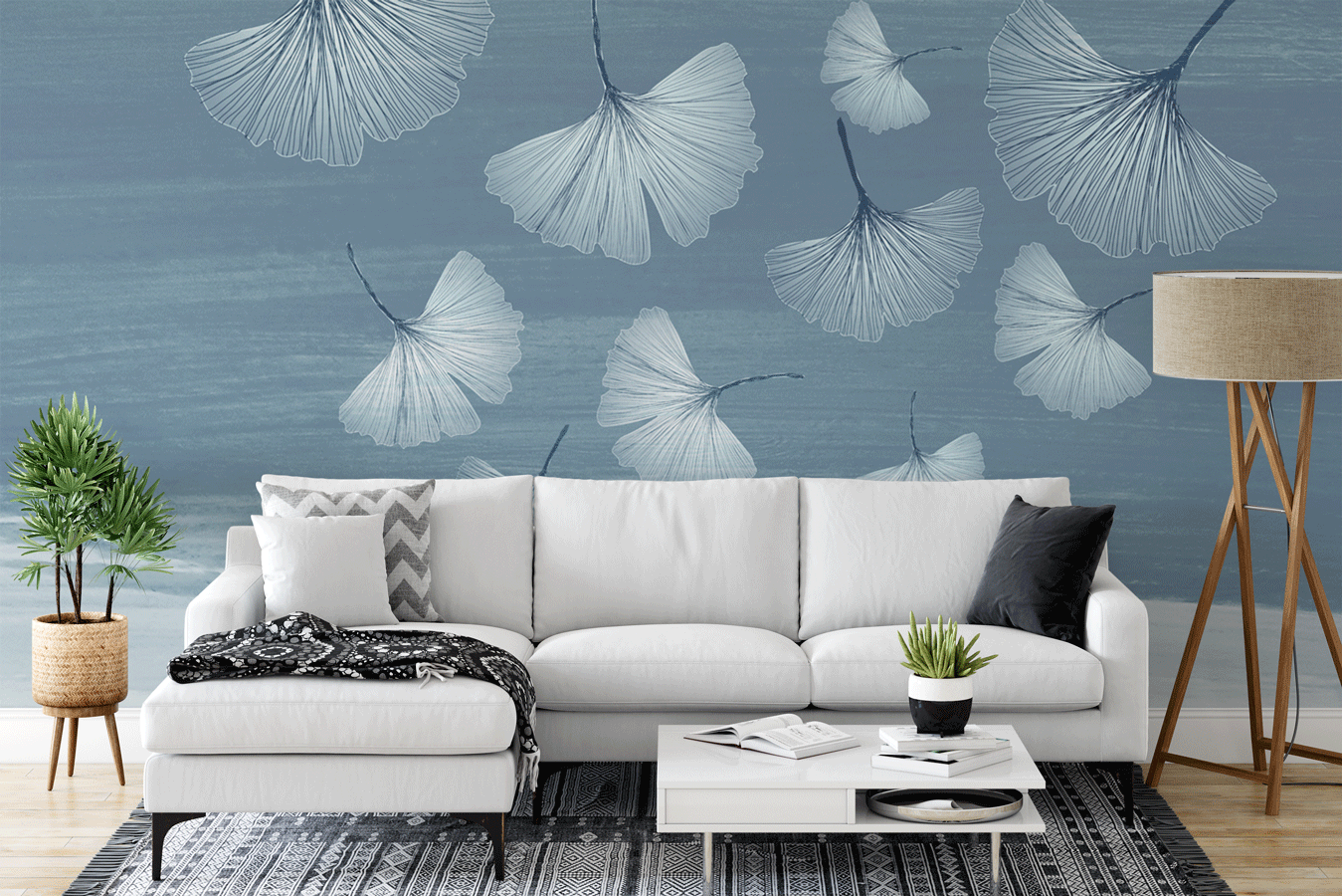 Papier peint panoramique japandi blue gingko - papier peint sur mesure francais - muralconcept