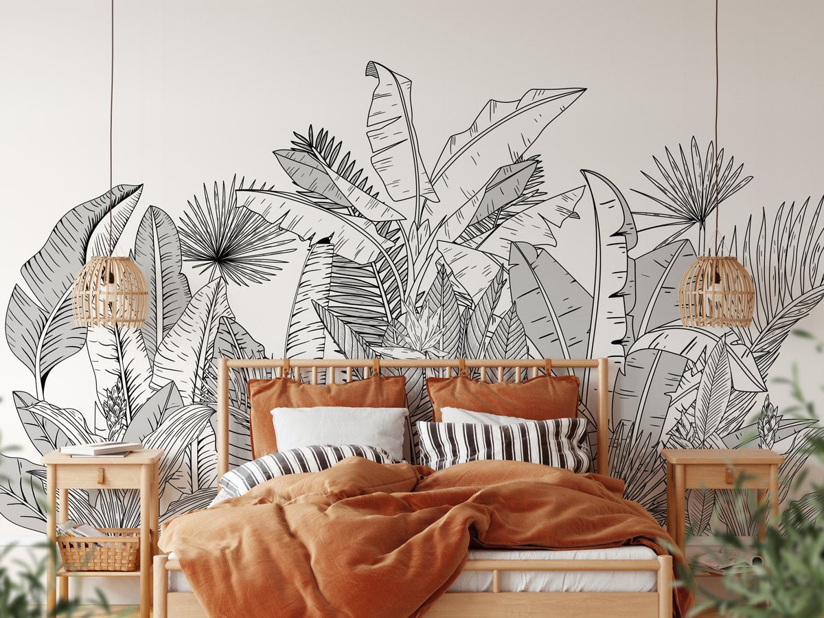 Papier peint panoramique  noir et blanc botanic leaf - papier peint sur mesure francais - muralconcept
