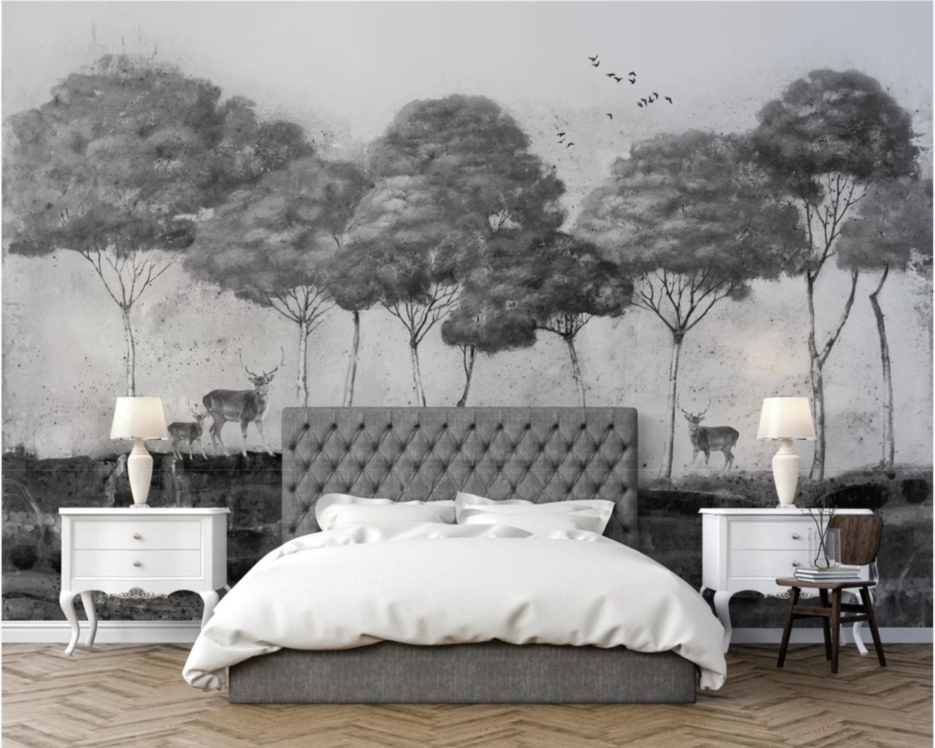 Papier peint panoramique Pins & Cerfs Mystiques - papier peint sur mesure francais - muralconcept