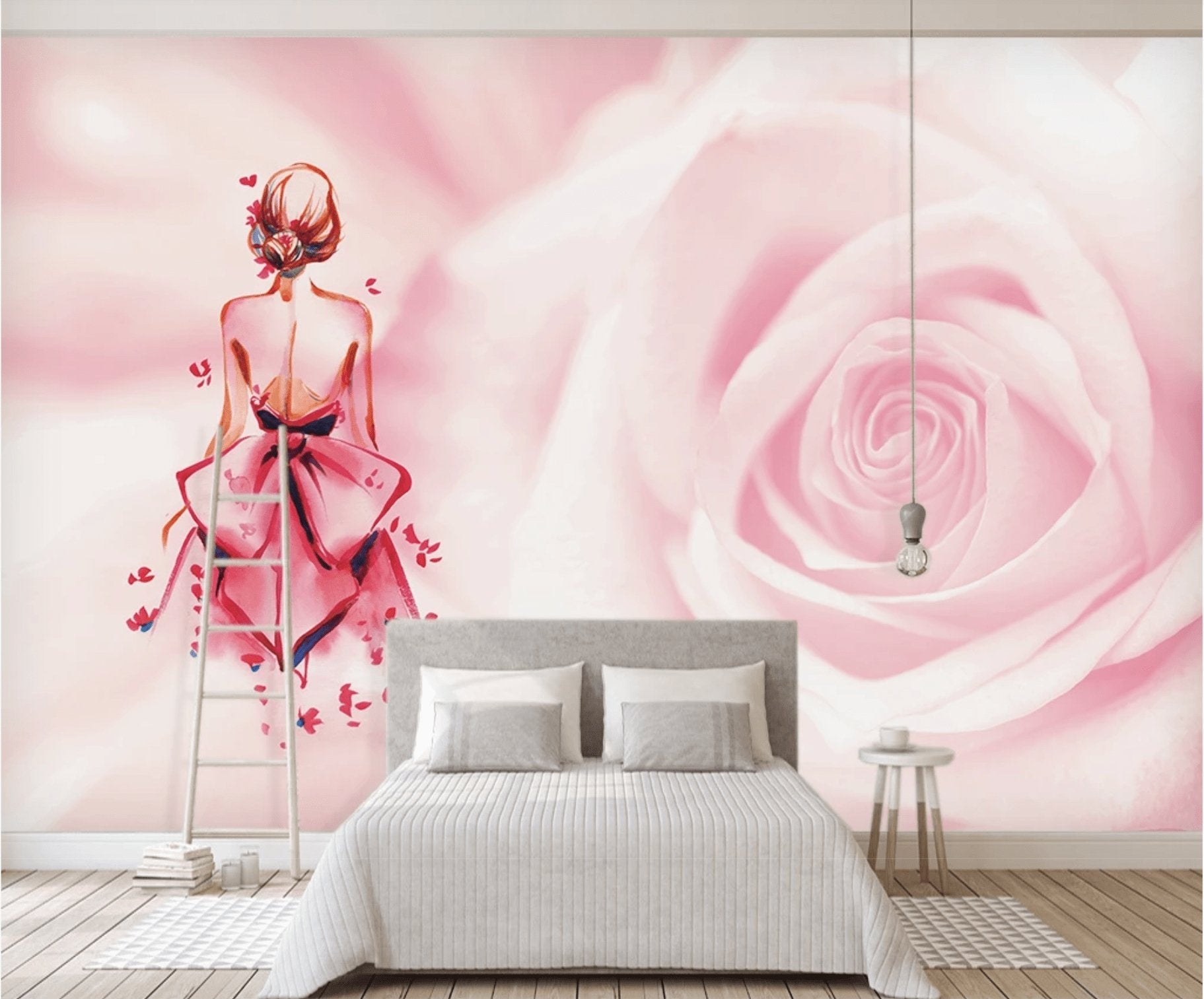 Papier peint panoramique romantique rose floral - papier peint sur mesure francais - muralconcept