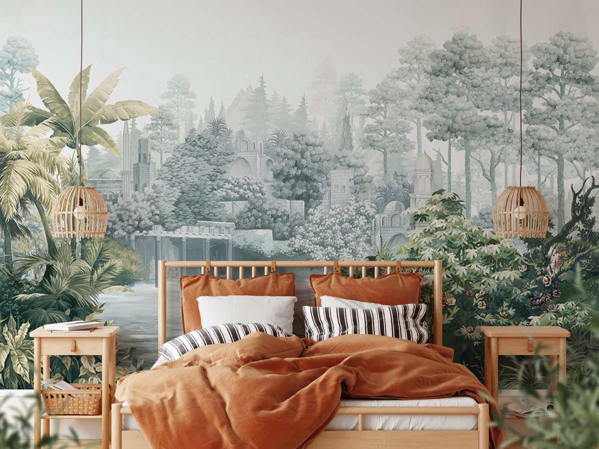 Papier peint paysage lointain gravure - papier peint sur mesure francais - muralconcept