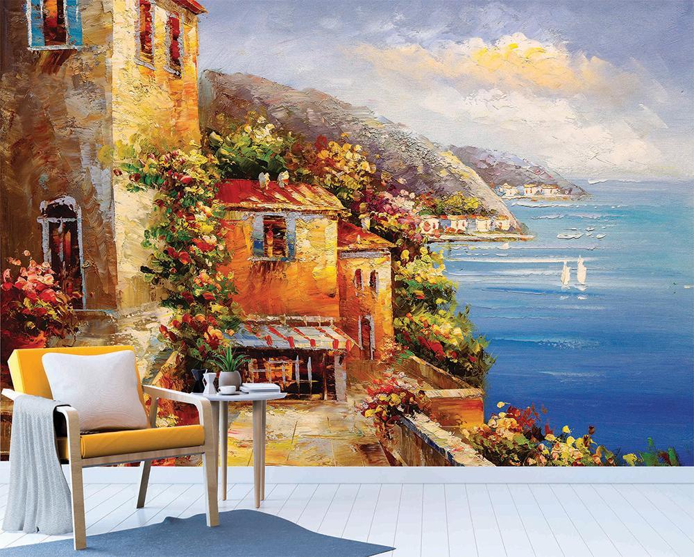 Papier peint village bord de mer - papier peint sur mesure francais - muralconcept