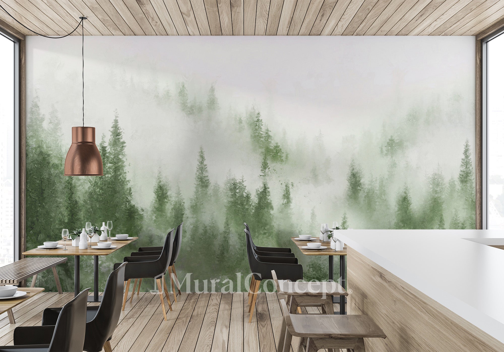 Papier peint bistrot sapin brume verte aquarelle - décor mural français