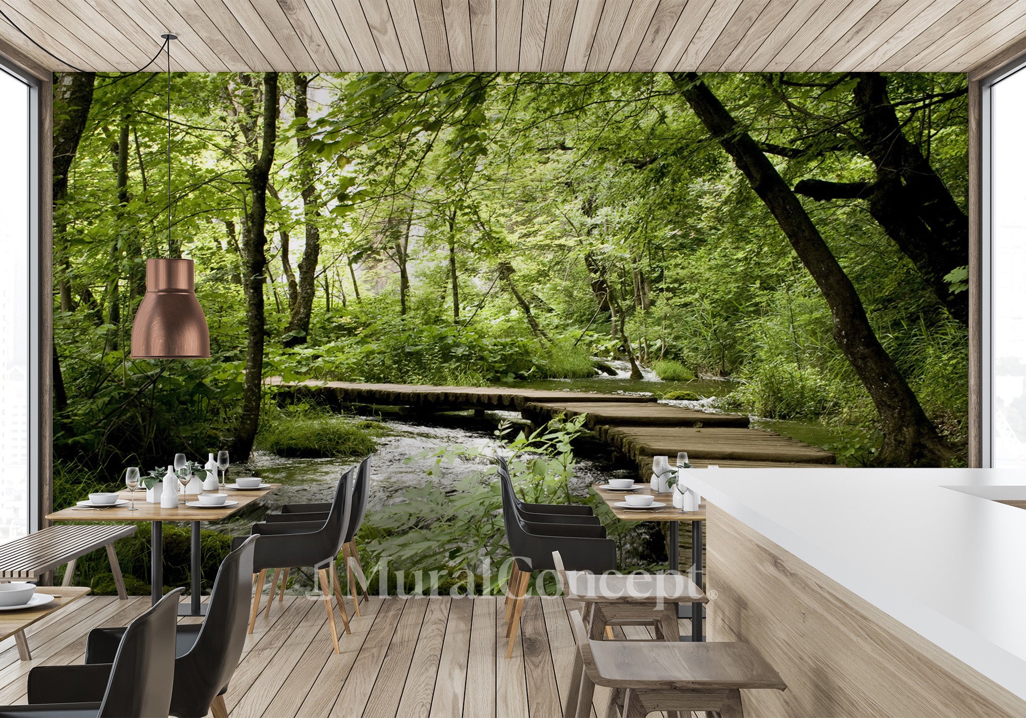 Papier peint bistrot trompe l'œil chemin forestier - panoramique français