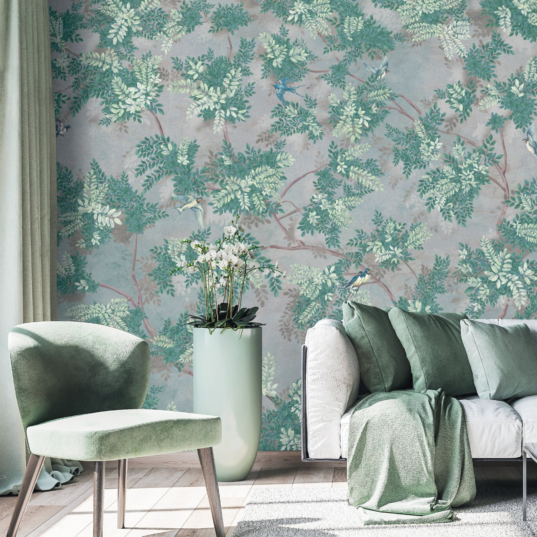 Papier peint branches et feuillages, mural concept, tendance