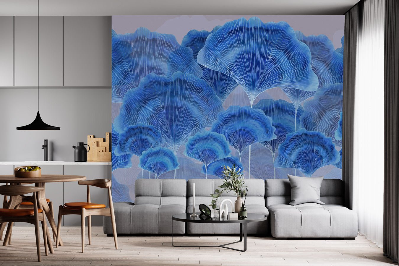 Papier peint contemporain ginkgo zen bleu - Muralconceptpapier_peint_sur_mesure