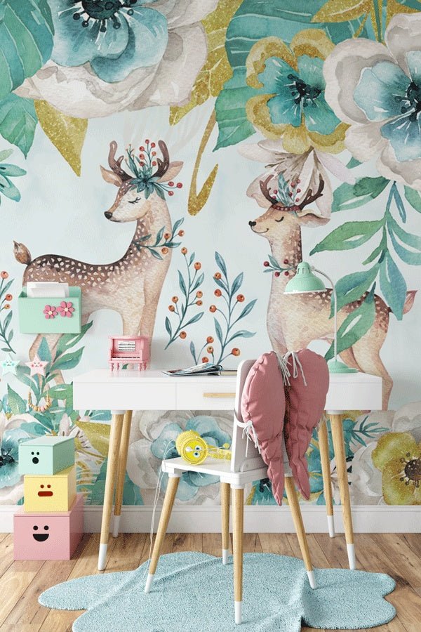 Papier peint douces biches floral vert - Muralconceptpapier_peint_sur_mesure