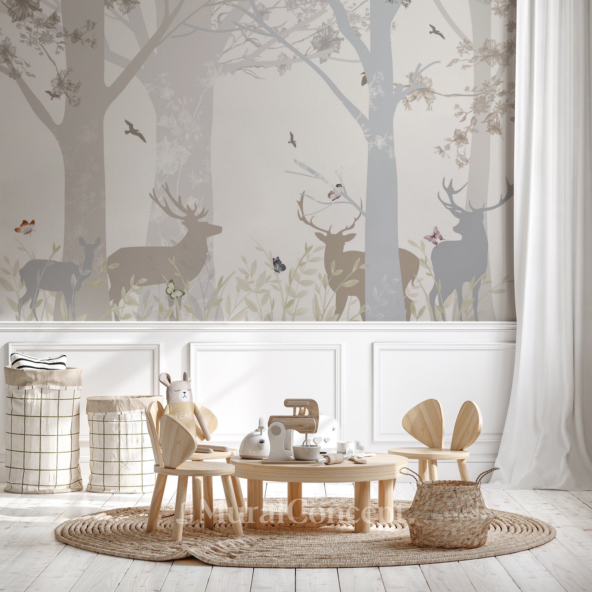 Papier peint enfant clairière aux cerfs - décor mural sur mesure français