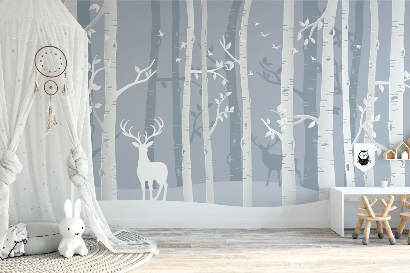 Papier peint enfant forêt scandinave bouleau et cerf - Muralconceptpapier_peint_sur_mesure