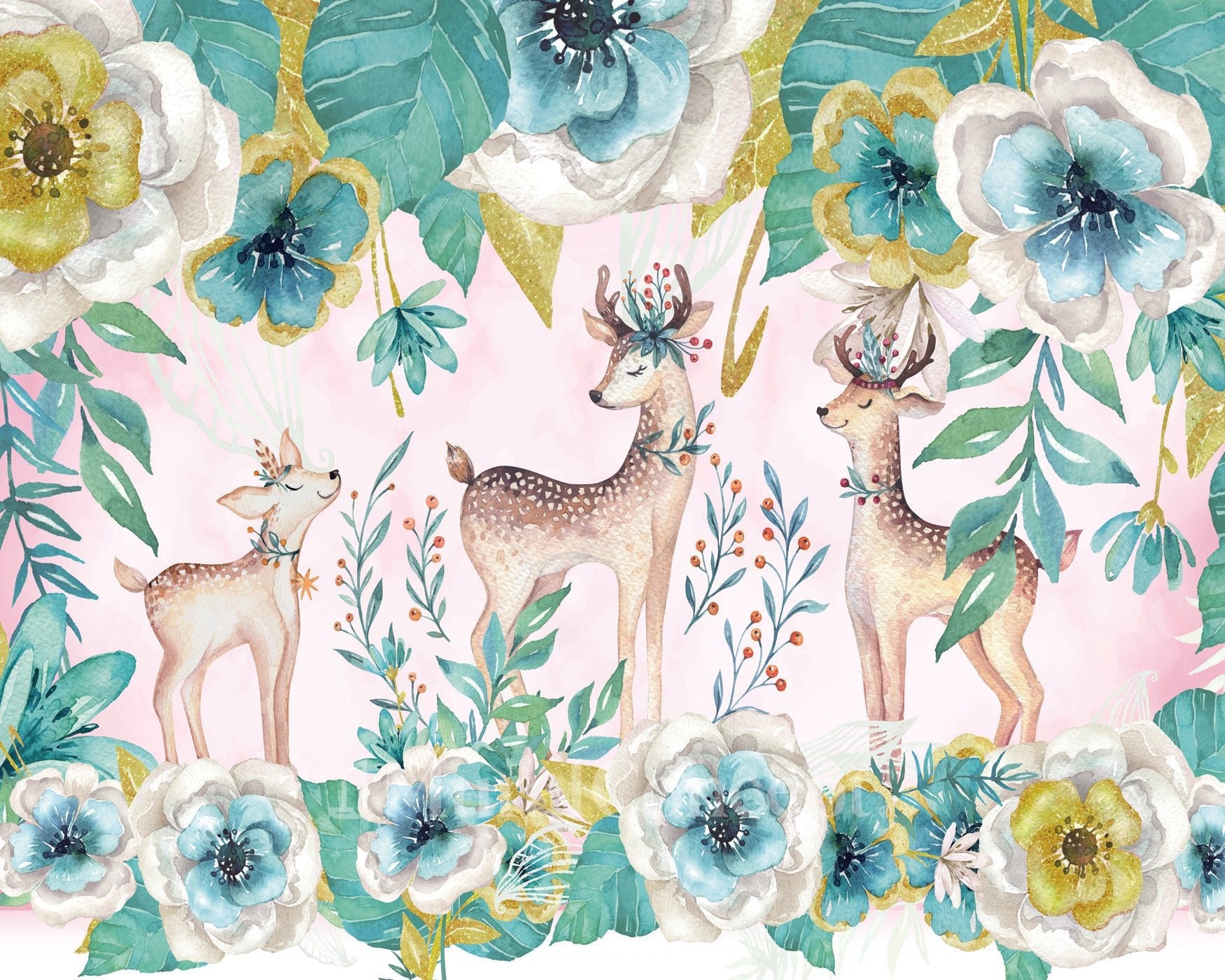 Papier peint douces biches floral vert - panoramique français