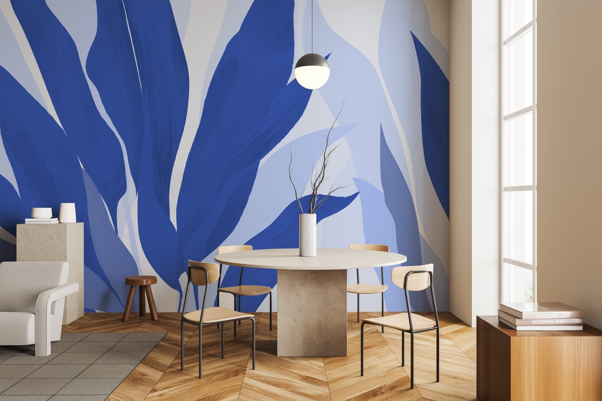 Papier peint panoramique étoffe florale bleu, mural concept, tendance