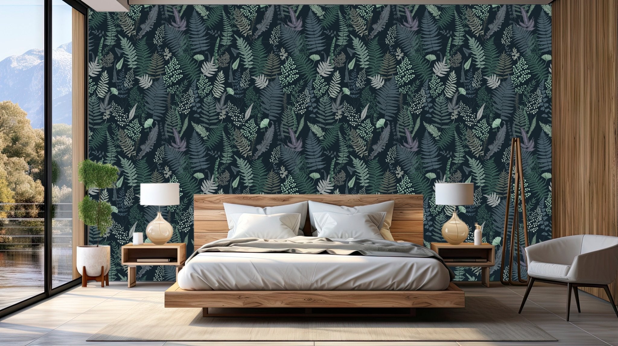 Papier peint feuille dense bleu marine, mural concept, tendance
