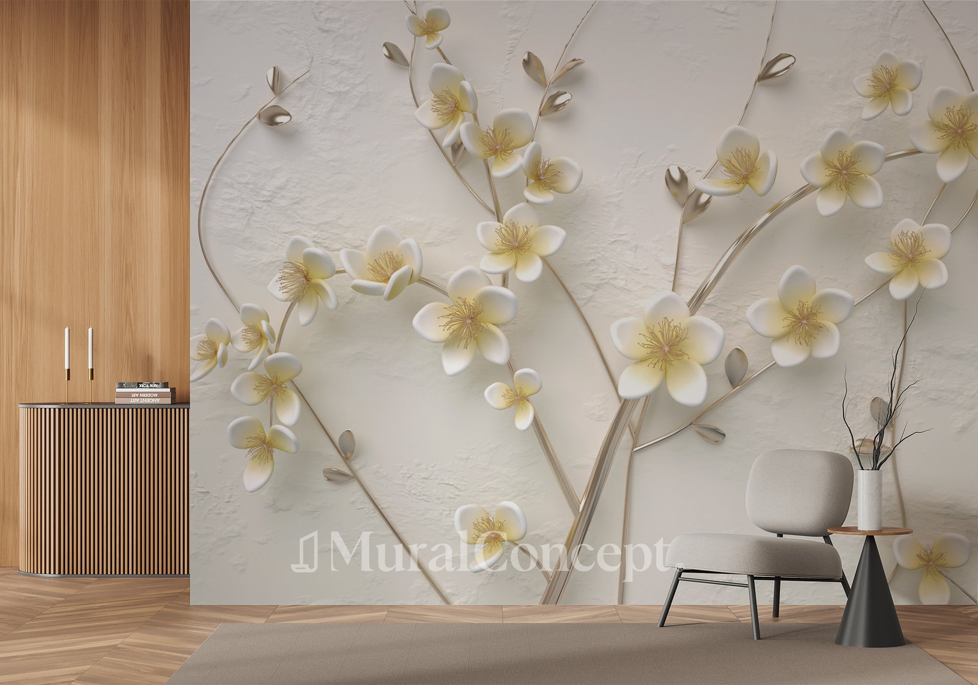 Papier peint fleurs blanches 3D - panoramique français