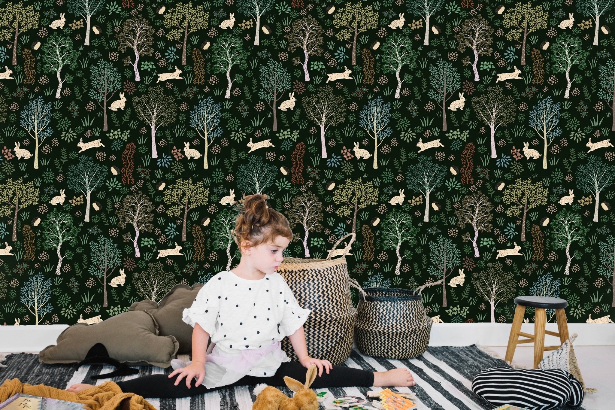 Papier peint panoramique bébé forêt et lapins, mural concept, tendance