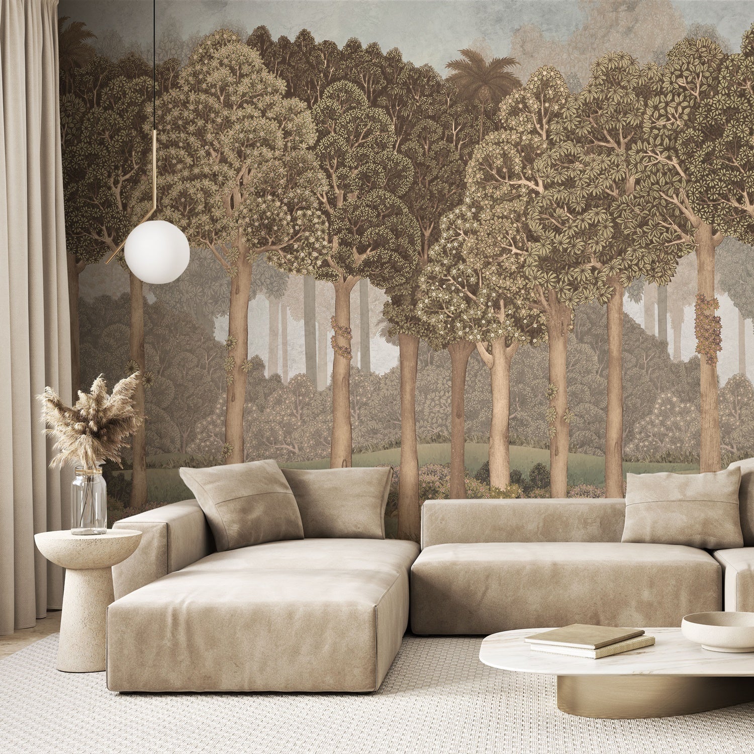 Papier peint grands arbres illustré, mural concept, tendance