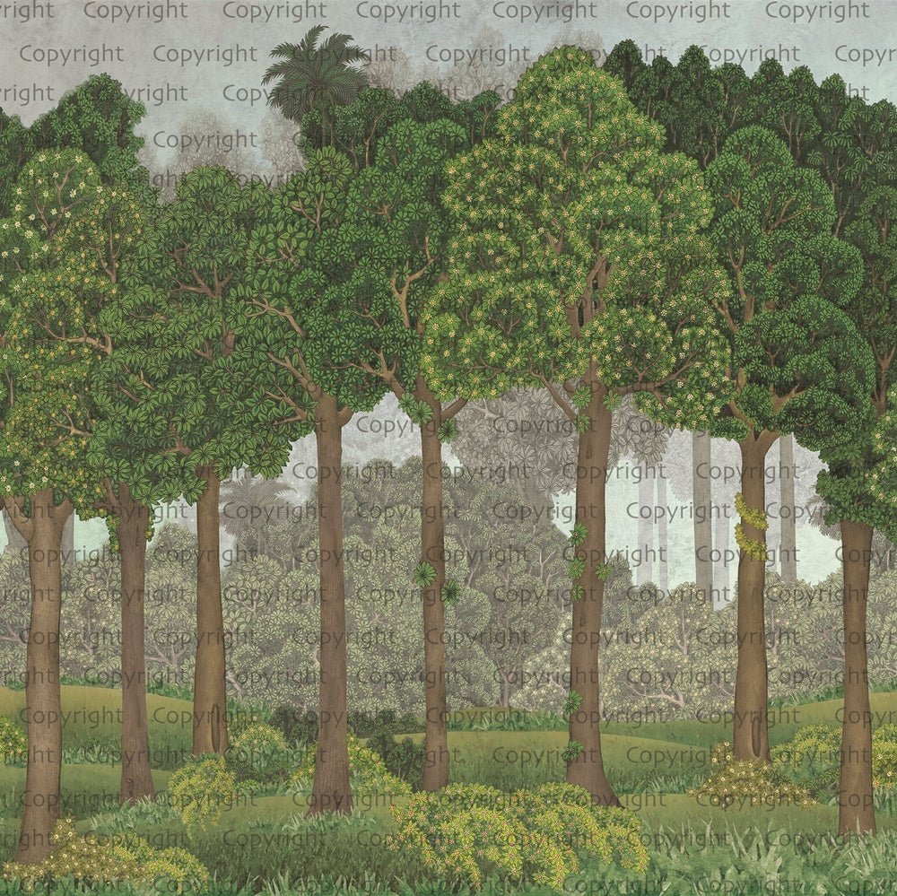 Papier peint grands arbres illustré, mural concept, tendance