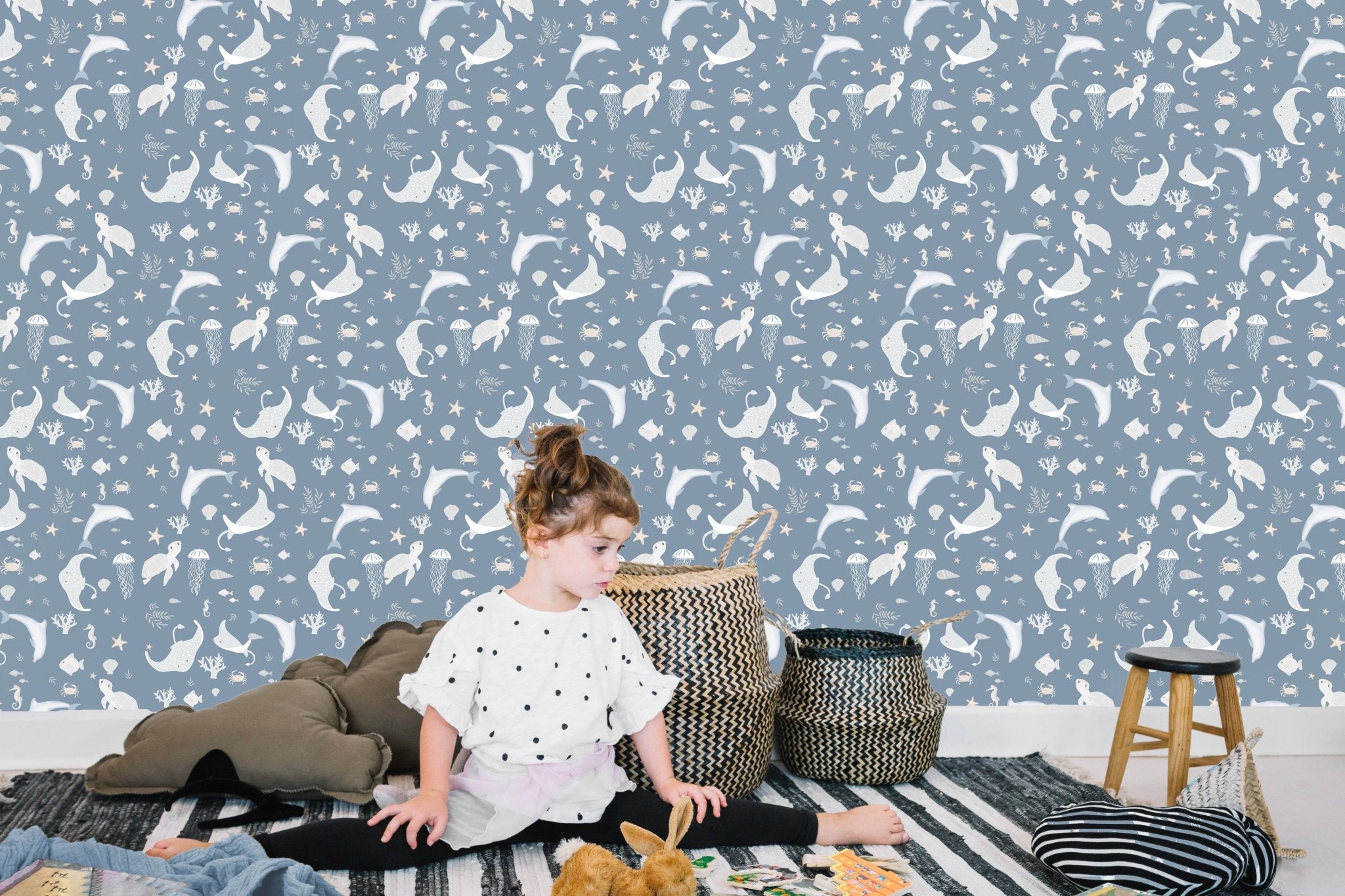 Papier peint motif océania bleu craquant, mural concept, tendance