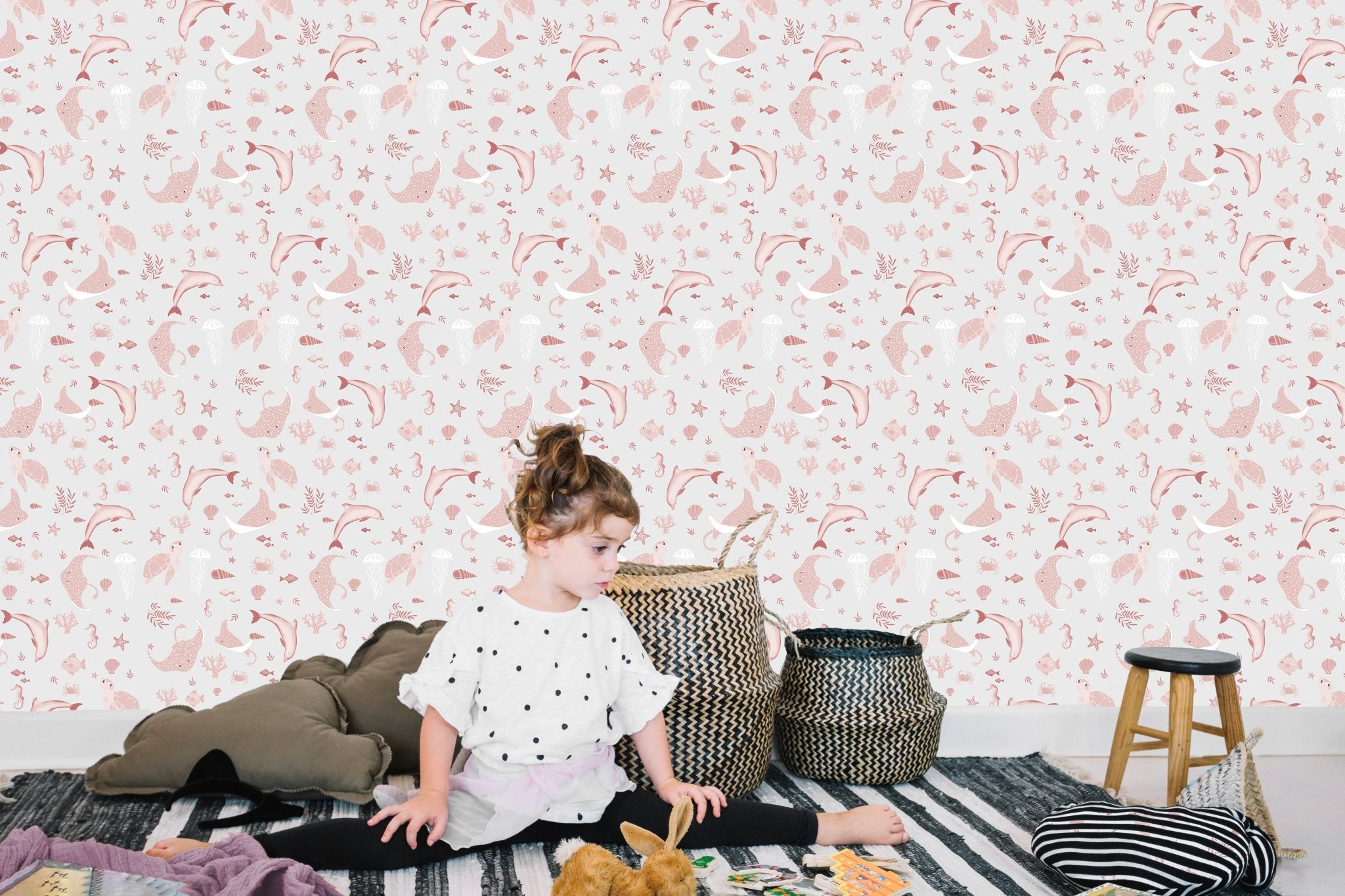 Papier peint motif océania rose poudré, mural concept, tendance