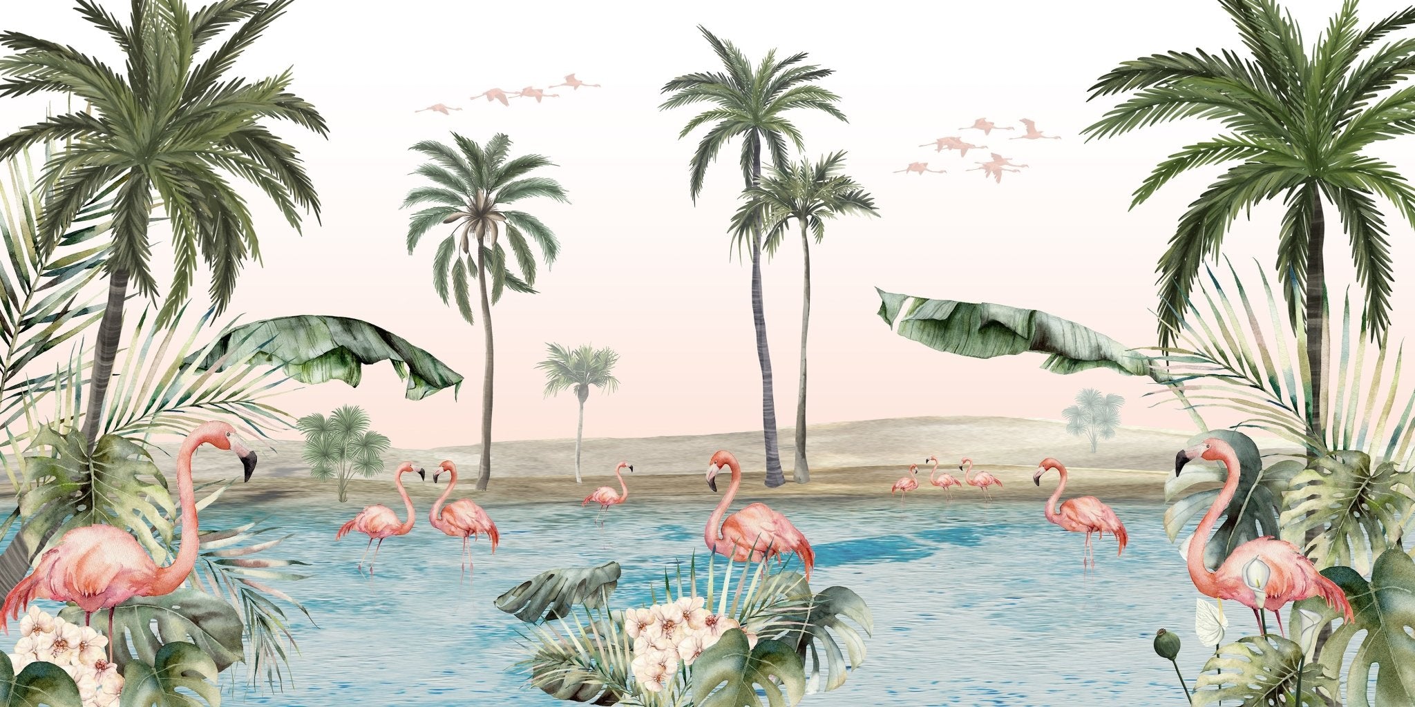 Papier peint oasis flamingo, mural concept, tendance