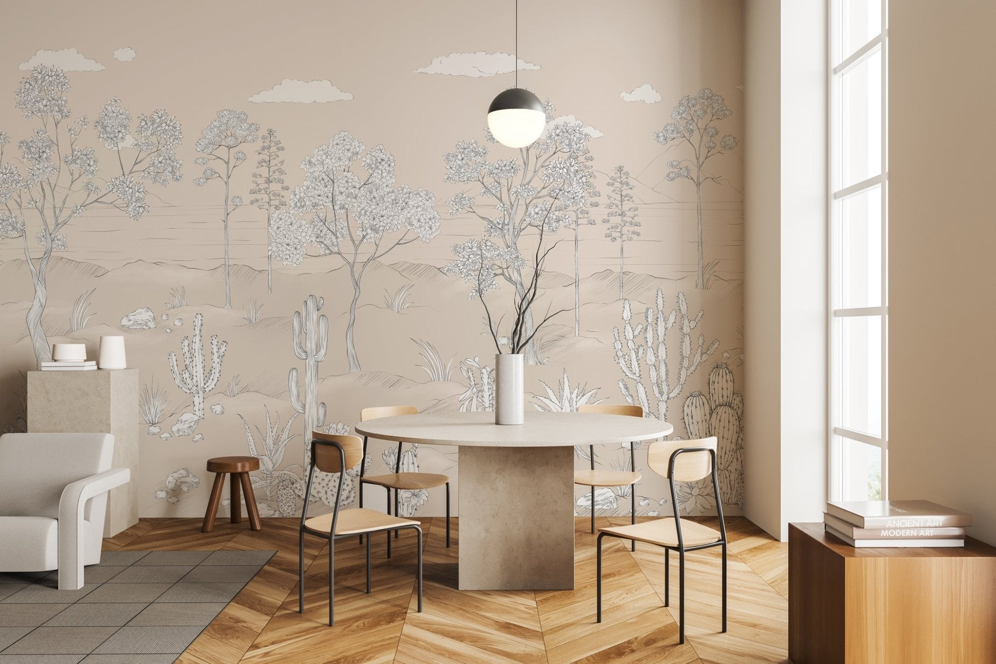 Papier peint oasis cactus tropical, mural concept, tendance