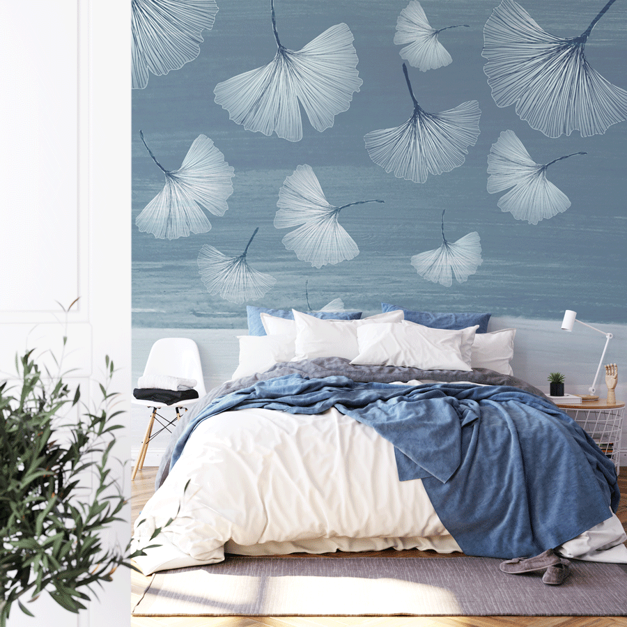 Papier peint panoramique japandi blue gingko - papier peint sur mesure francais - muralconcept