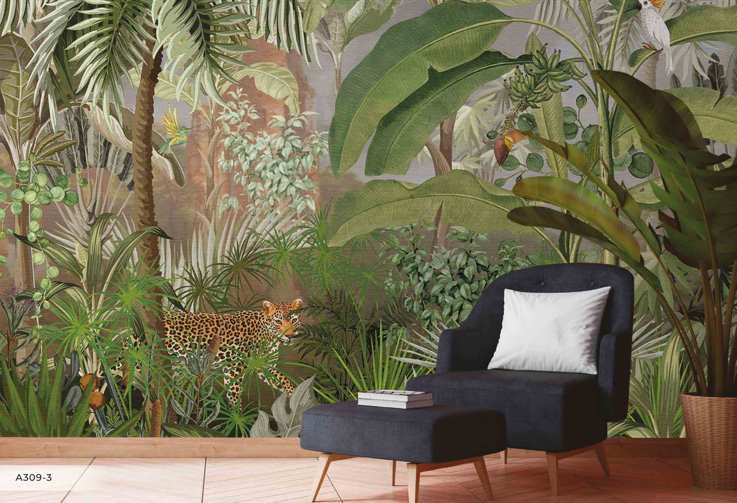 Papier peint panoramique jungle & léopard - papier peint sur mesure francais - muralconcept