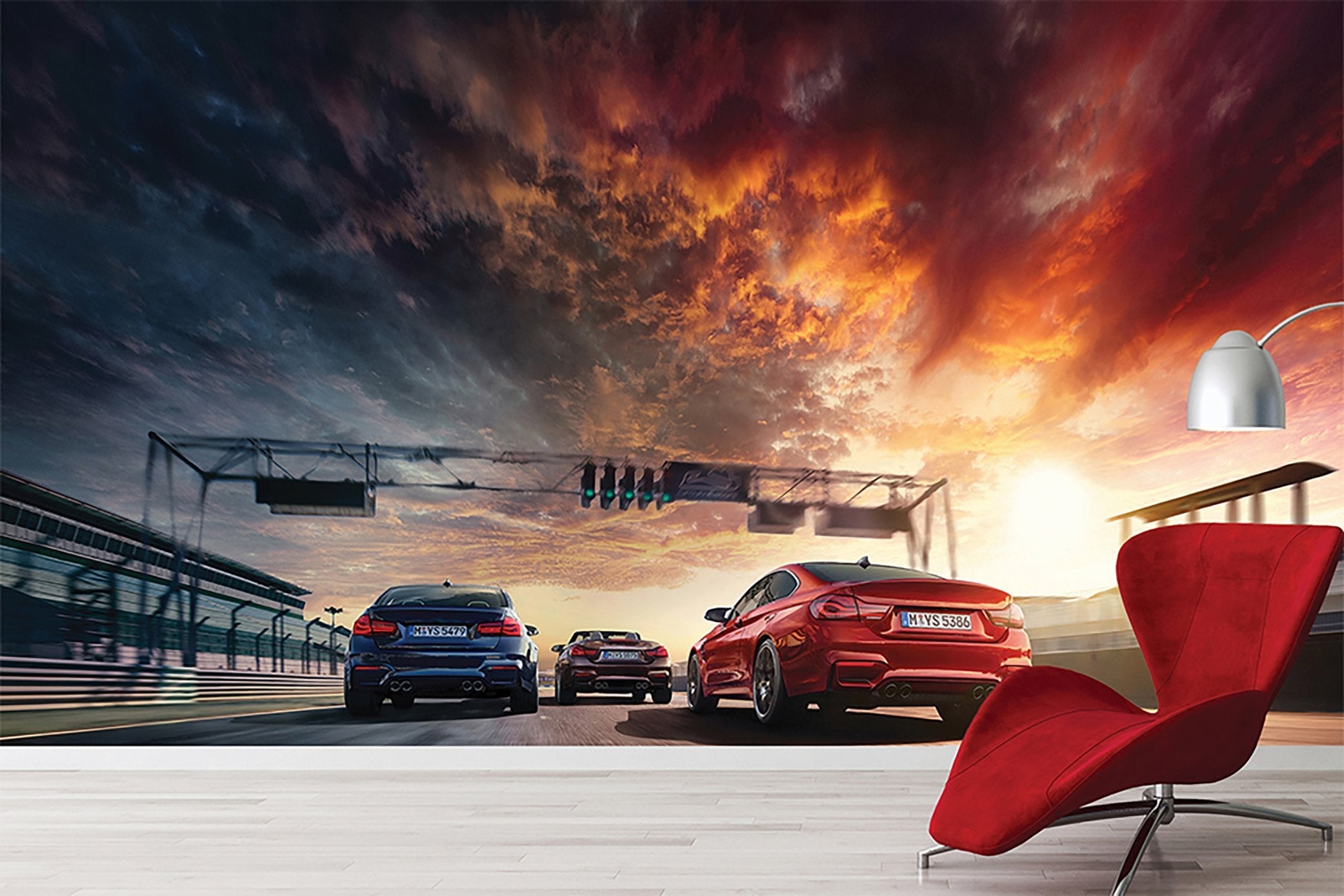 Papier peint panoramique voiture top départ - papier peint sur mesure francais - muralconcept