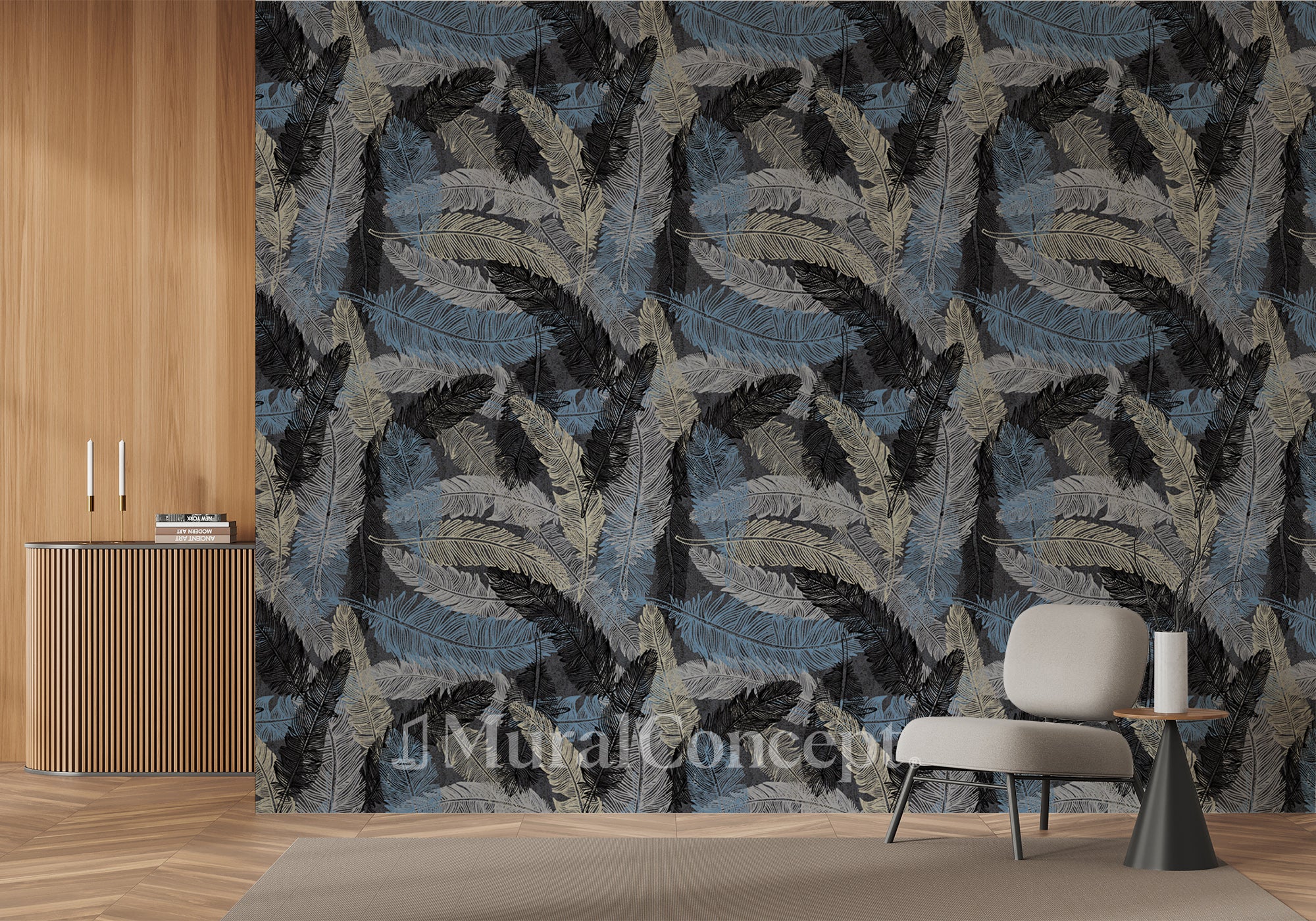 Papier peint plume & Bleu profond - panoramique français