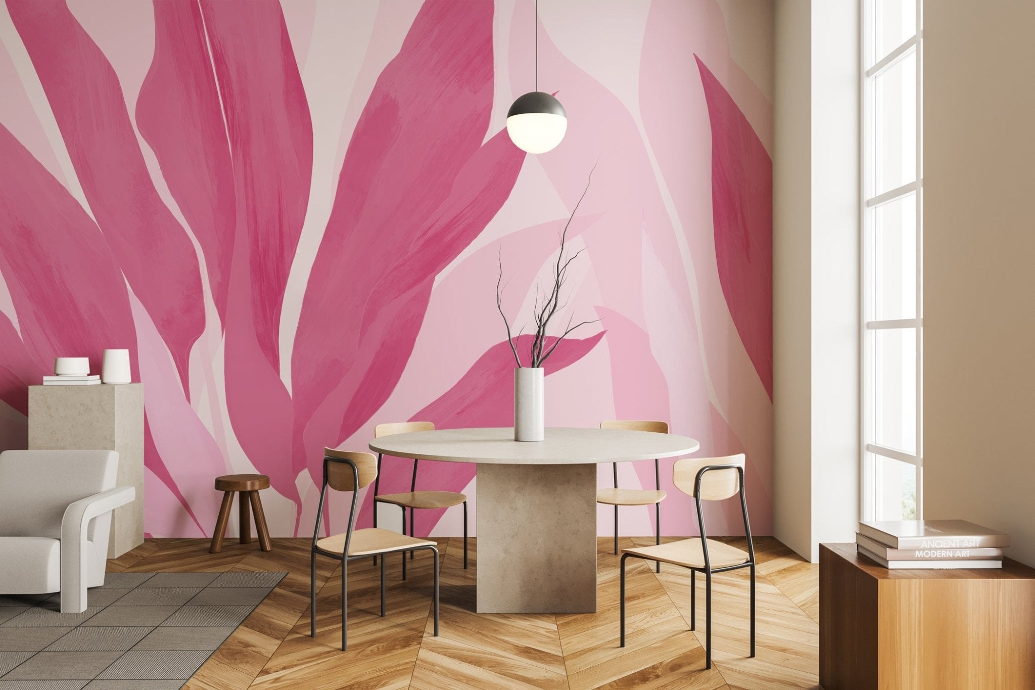 Papier peint panoramique étoffe florale rose, mural concept, tendance