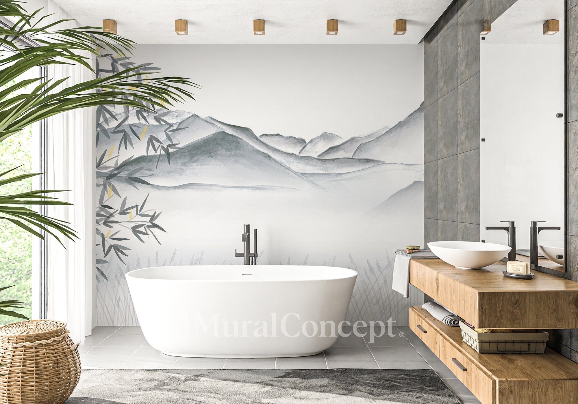 Papier peint salle de bain artistique Annecy entre lac montagne gris - panoramique sur mesure francais - muralconcept