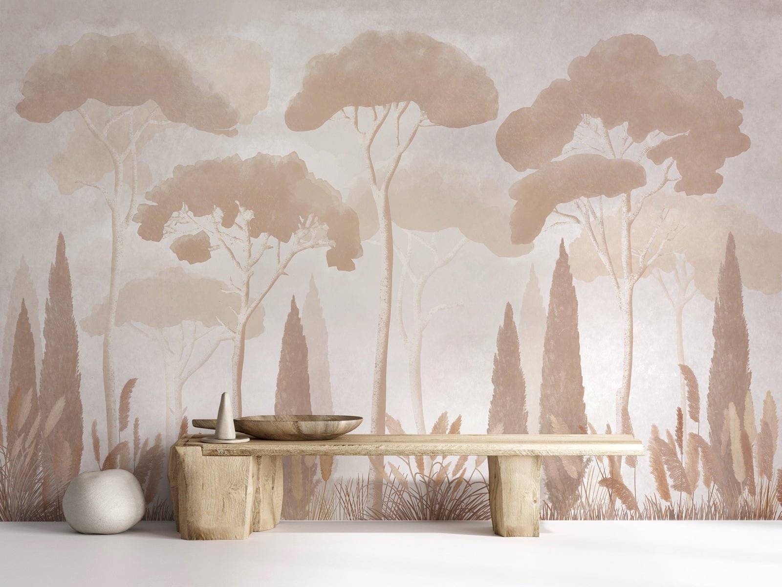 Papier peint sépia cyprès pins, mural concept, tendance