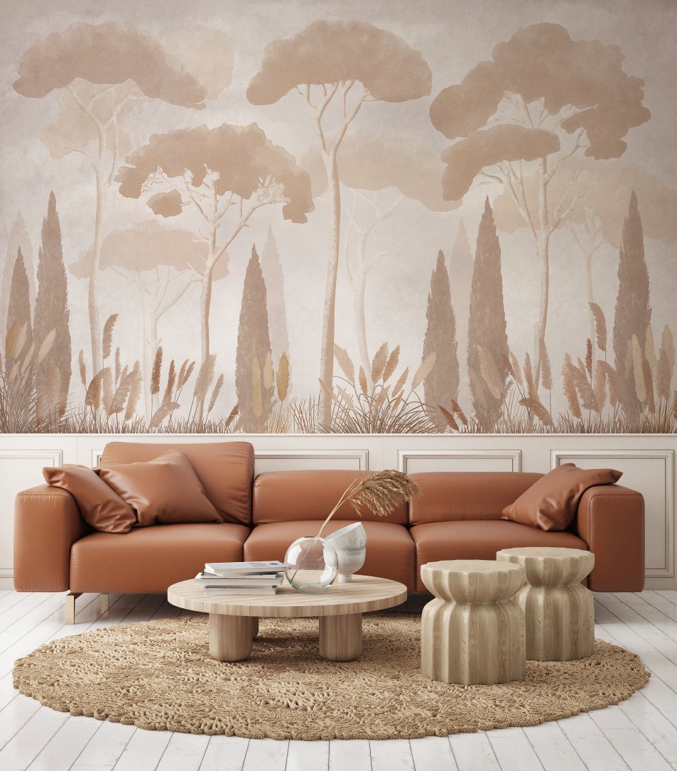 Papier peint sépia cyprès pins, mural concept, tendance