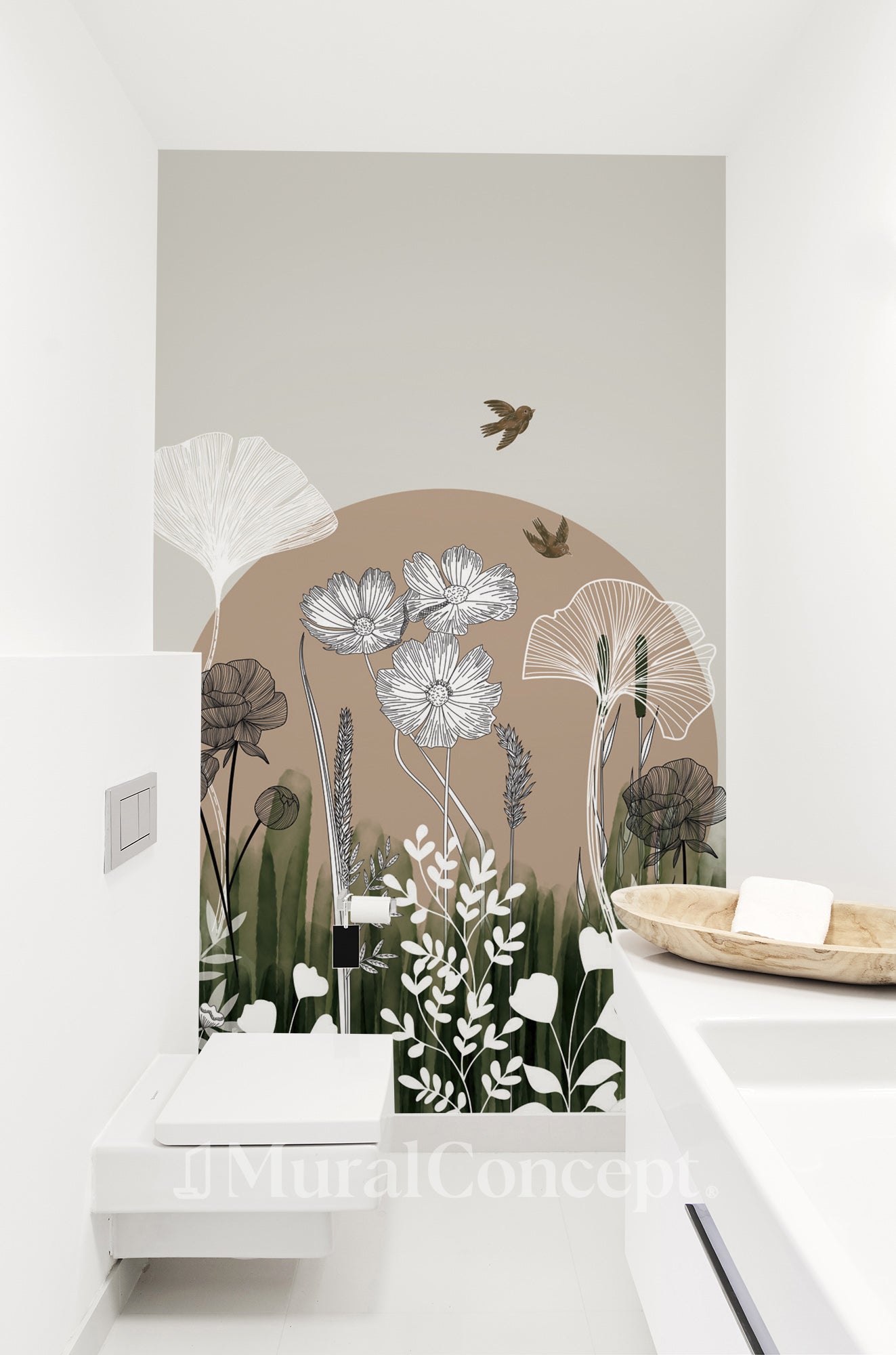 Papier peint toilette illustration florale - décor mural sur mesure français