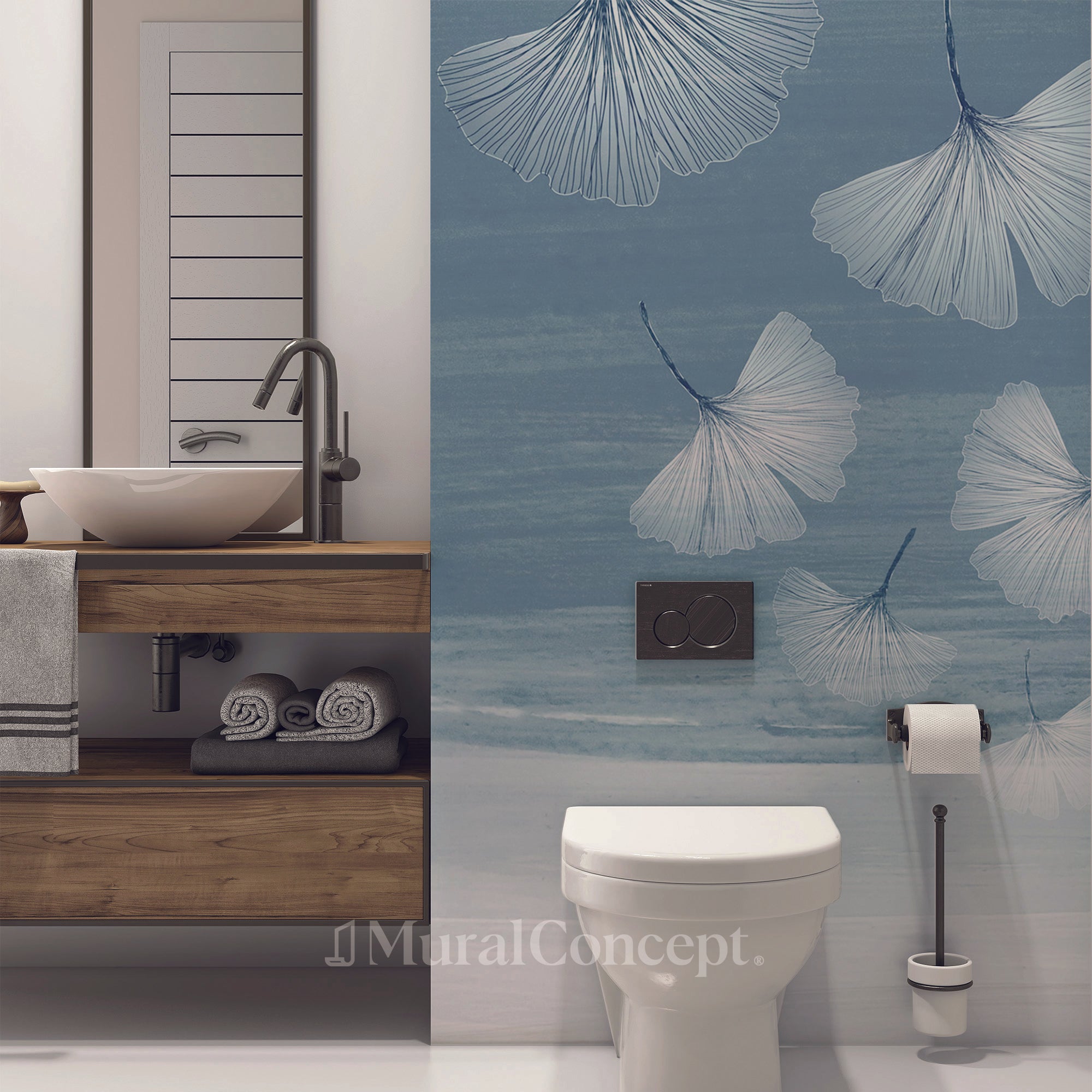 Papier peint wc japandi blue gingko - panoramique sur mesure francais - muralconcept