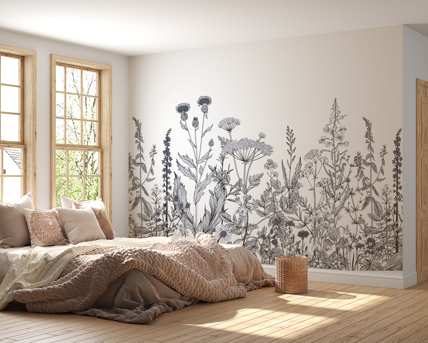 Papier peint botanique folk noir et blanc - panoramique français