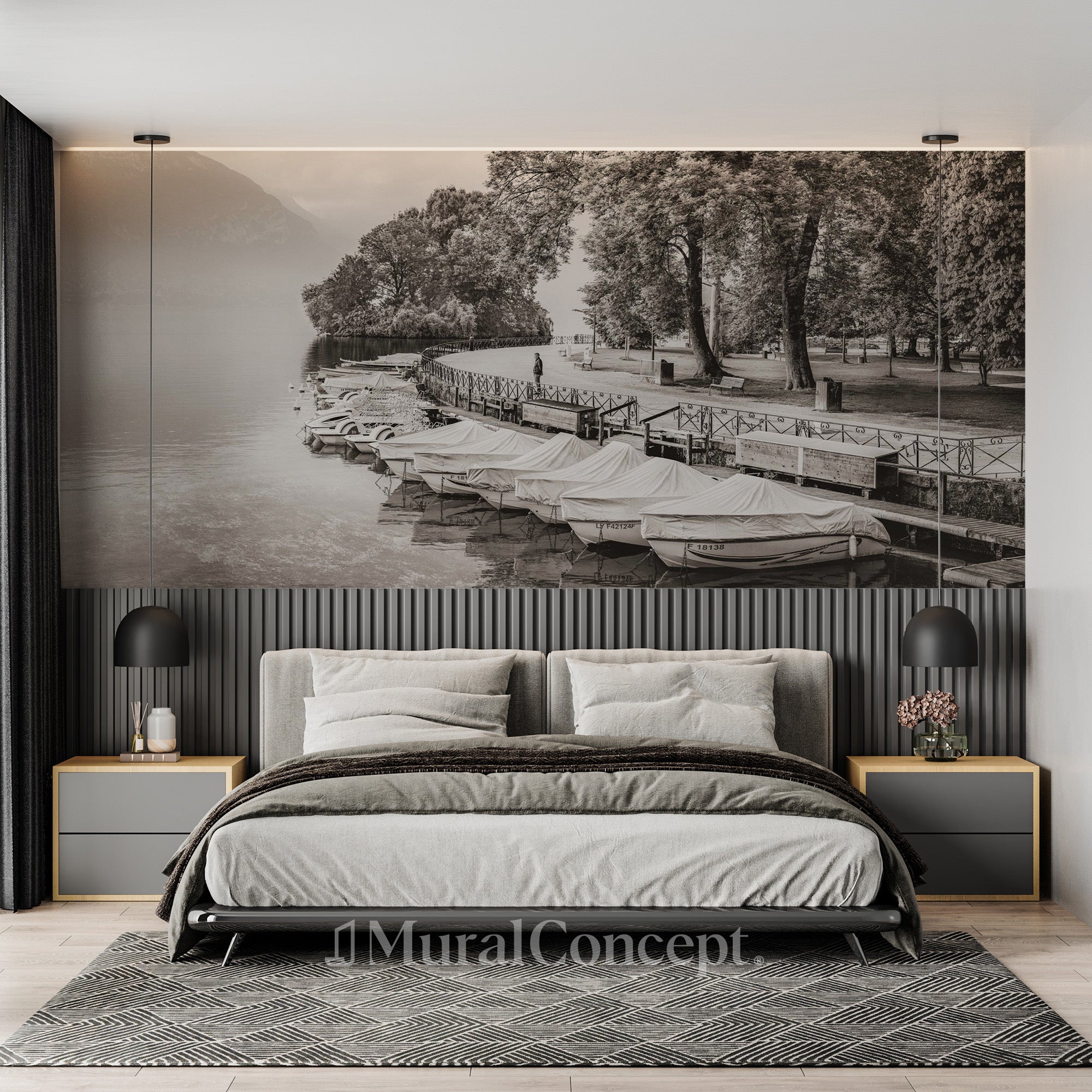 Papier peint panoramique contemplation lac d'Annecy Sépia - panoramique français